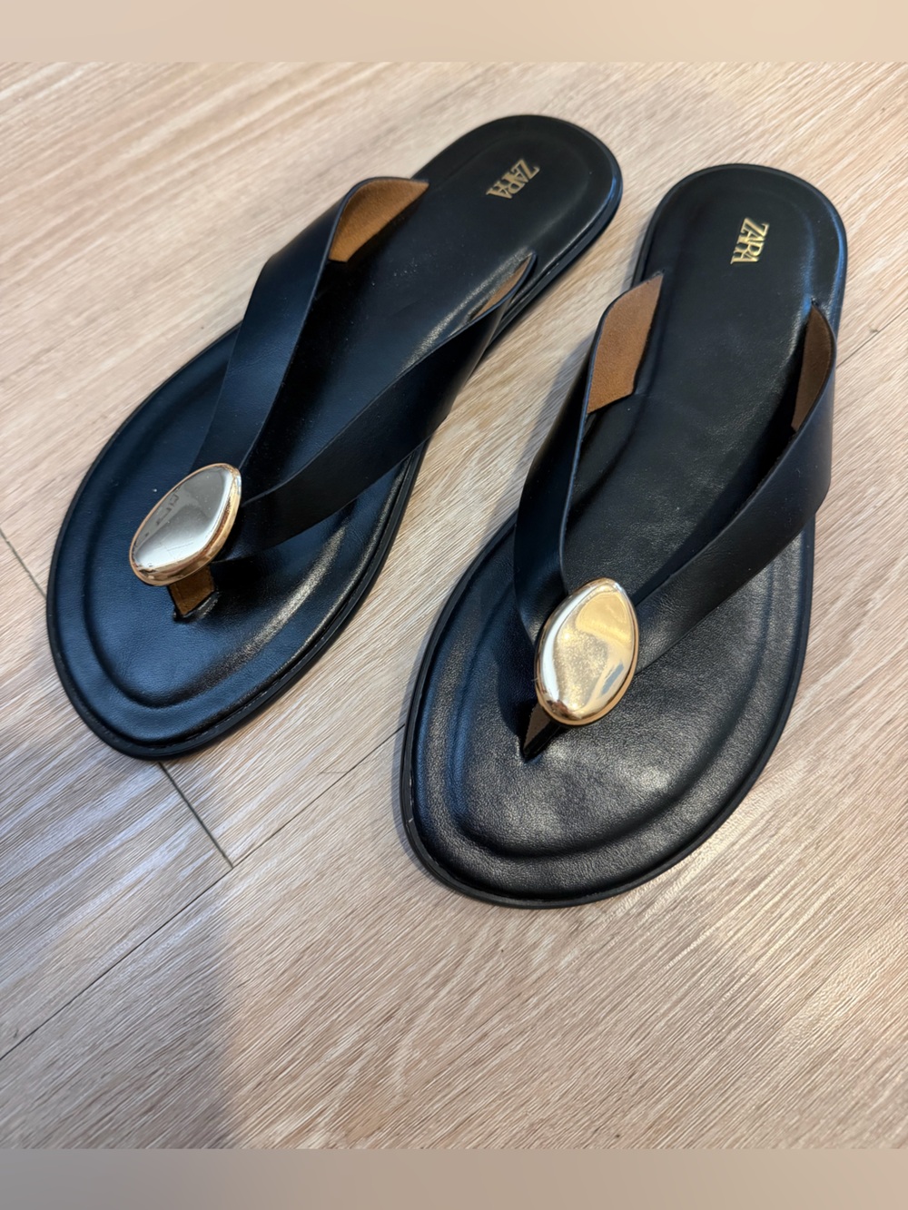 ZARA Black Flat Sandals Gold Hardware EU 38